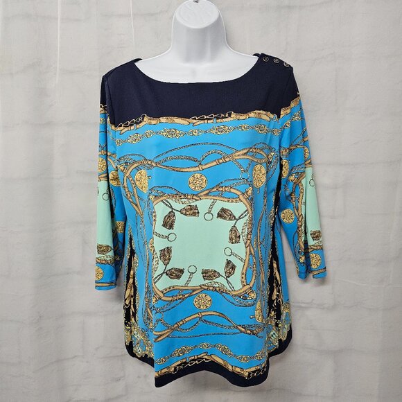 Charter Club Blouse Blue Black Equestrian Preppy Casual M - Picture 12 of 13